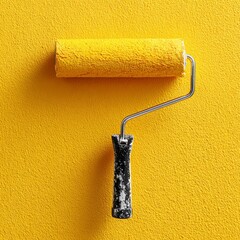 Obraz premium A paint roller, covered in yellow paint, applying color to a textured wall, offering a close-up view. The image highlights the painting process and home improvement