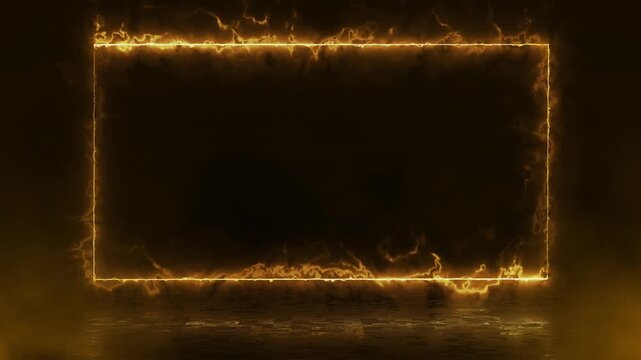 Dynamic golden energy neon frame with glowing mist and smoke on dark background