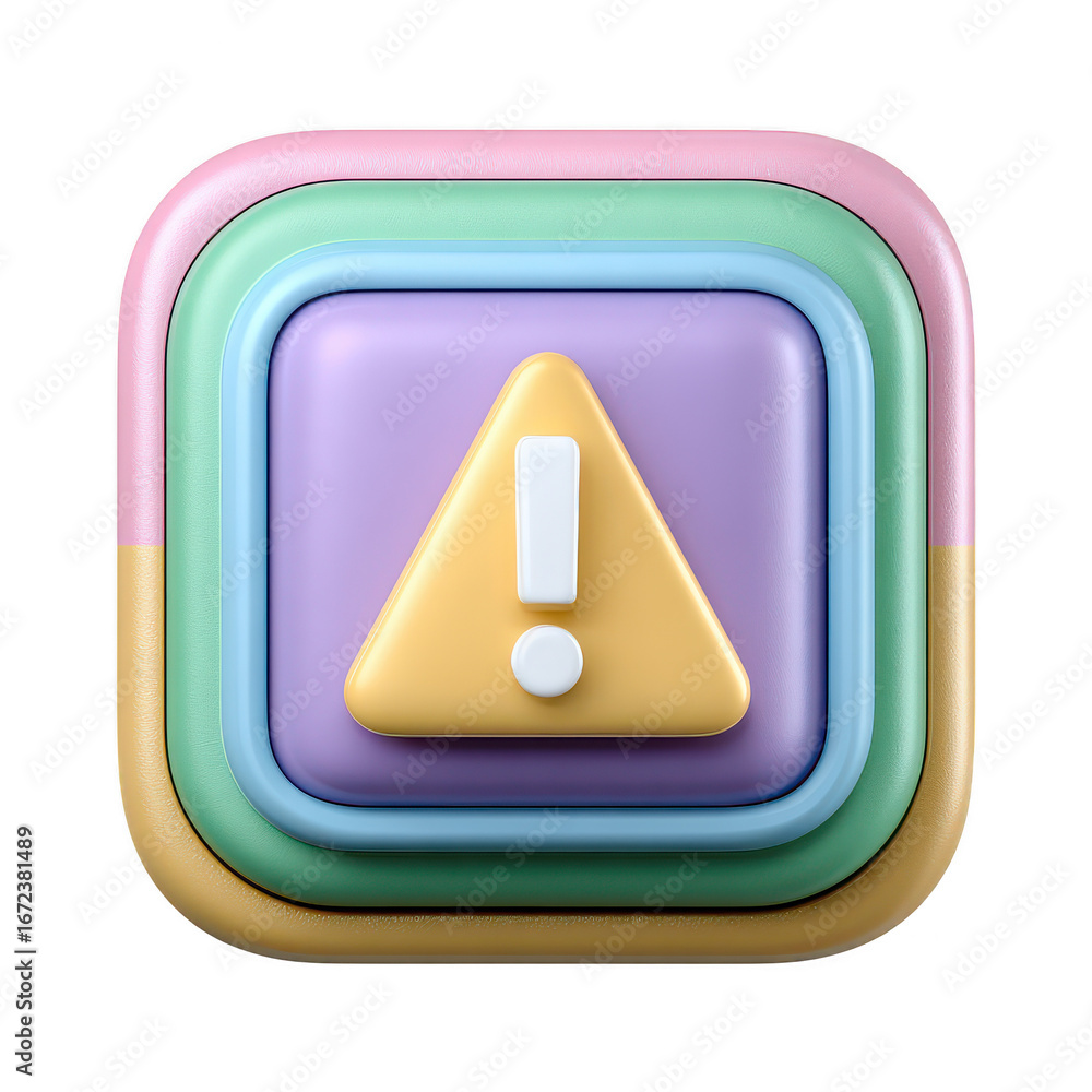 Poster colorful alert icon with exclamation mark in layered rounded square design, symbolizing warning or n