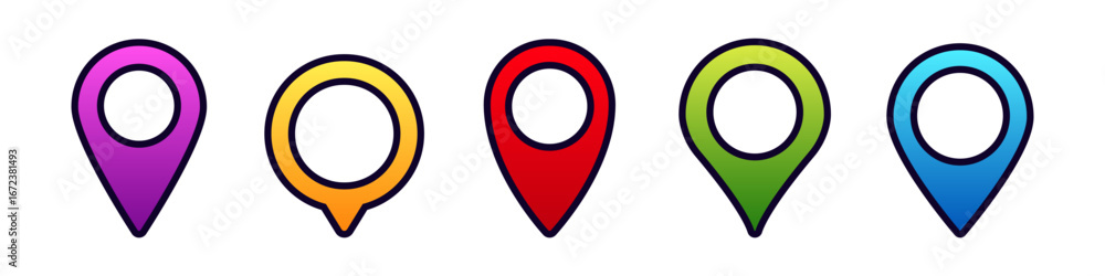 Poster a set of five colorful map markers featuring diverse shades with distinct circular shapes and design