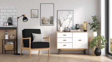 Modern Living Room with Black Armchair White Sideboard and Green Plants in Bright Natural Light
