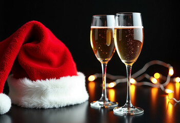 Red Santa hat near two champagne glass on black background. New Year celebration concept
