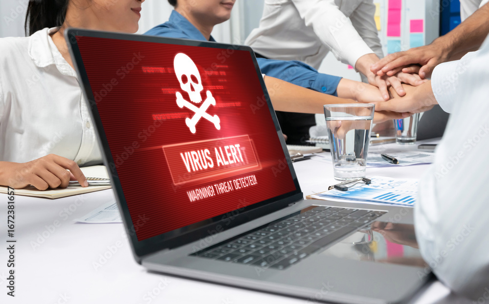 Poster virus warning alert on computer screen detected brisk cyber threat , hacker, computer virus and malw