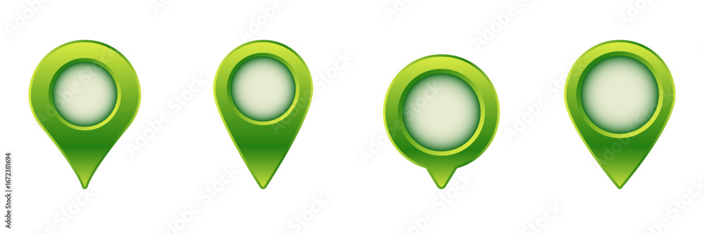 Poster set of green map markers in various shapes, perfect for indicating locations or navigation points.