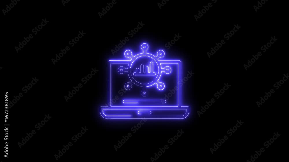Poster glowing neon laptop icon with data analytics chart and network connections digital technology
