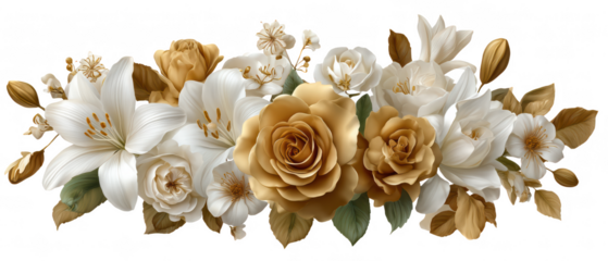 Golden rose and white lily flowers with green and brown leaves arranged in luxurious floral composition, elegant and delicate bouquet design for decoration and celebration
