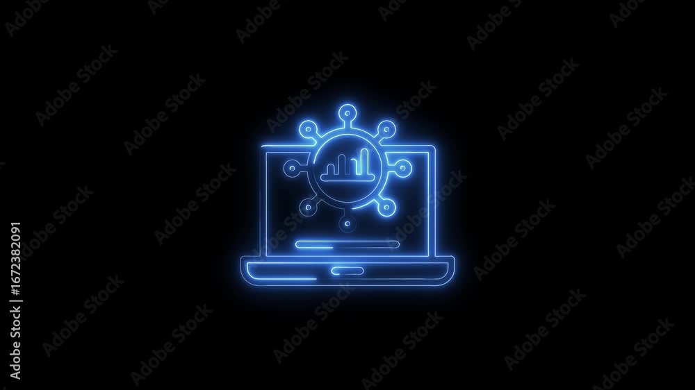 Poster glowing neon laptop icon with data analysis chart and network connections isolated on black