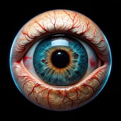 Closeup extreme macro shot of a human eyeball with a bright blue iris and detailed pupil, showing bloodshot veins and a creepy, unsettling stare