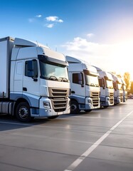 Naklejka premium A row of modern white semi-trucks are parked in a paved lot under a bright, sunny sky.