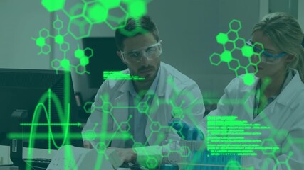 Animation of medical data processing over diverse male and female scientists working at laboratory - Powered by Adobe