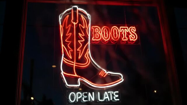 A bright red and white neon sign in the shape of a cowboy boot with the word BOOTS and the phrase OPEN LATE glows in a dark window at night