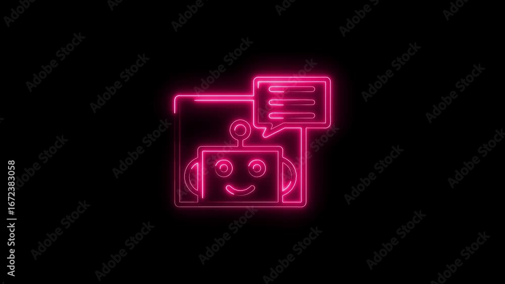 Poster glowing neon robot chat icon animation artificial intelligence communication concept isolated on