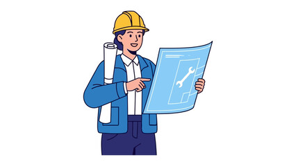 Architect at Work: An architect, donned in a yellow hard hat, meticulously reviews blueprints, embodying the dedication and vision inherent in the architectural profession.