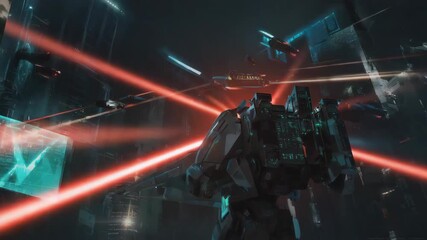 Futuristic military robot defending a vibrant cyberpunk cityscape from attacking spaceships, firing lasers and creating explosions in a dramatic digital illustration set at night