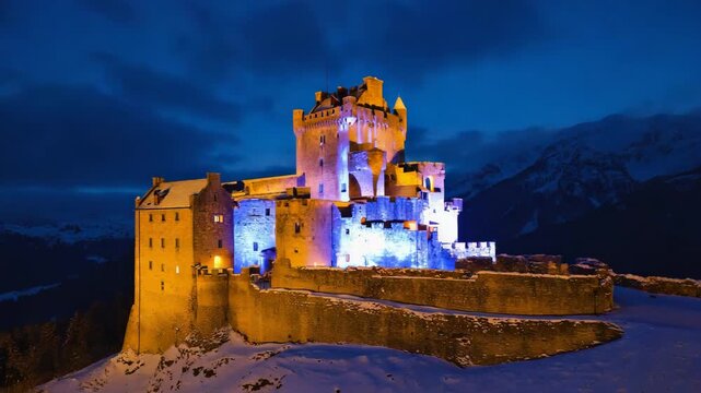 Tarasp castle, a medieval fortress, stands illuminated in blue light against a backdrop of snow-covered mountains and a twilight sky in switzerland, creating a magical and captivating scene