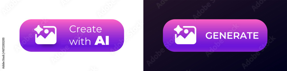 Poster two purple buttons display ai text with an icon. one button has a white background, the other dark.
