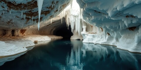 Majestic ice cave with shimmering icicles hanging above a tranquil blue underground river