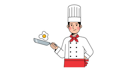 Chef's Culinary Artistry: A skilled chef, adorned in a classic toque and uniform, elegantly flips an egg in a pan, epitomizing culinary precision and passion in a clean, minimalist setting.