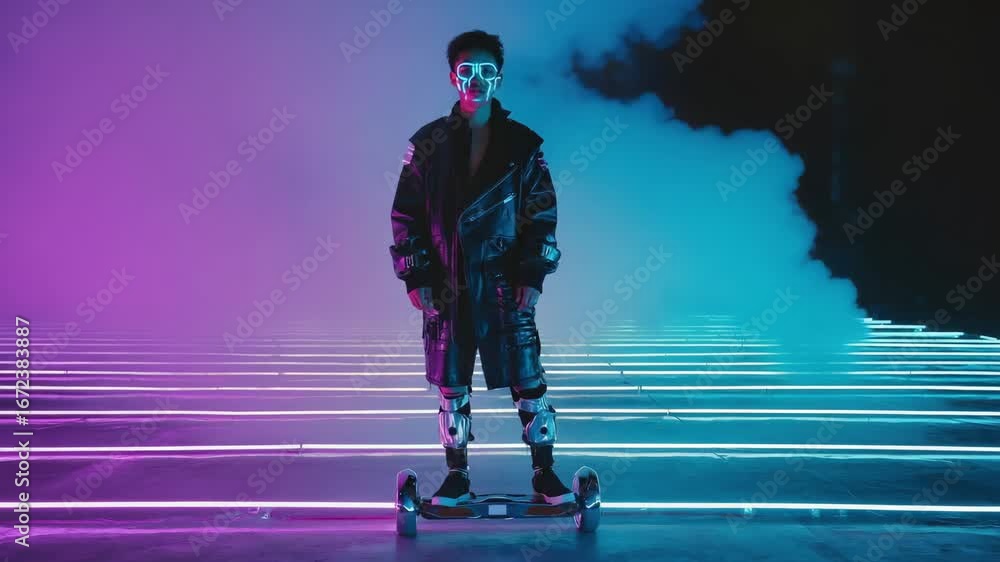 Poster futuristic cyberpunk man with glowing glasses stands on a hoverboard in a neon-lit setting filled wi