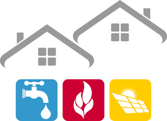 Zwei Häuser, Wasserhahn, Flamme, Solar, Klempner, Installateur, Logo, Hintergrund
