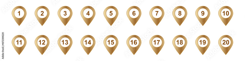 Poster sequential markers numbered 1 to 20 in gold teardrop shapes used for easy identification and navigat