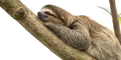 A cute brown baby koala with fur is looking at the camera in a tree branch in Australia's wild nature