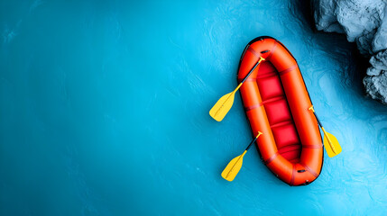 Rafting on the beautiful mountain river. Aerial view of rafting boat on amazing blue river