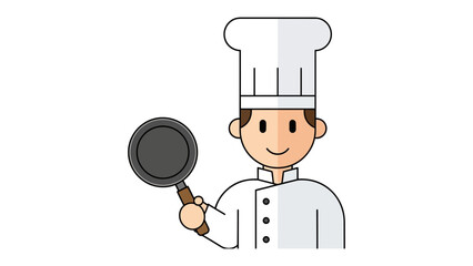 Culinary Craftsman with Pan: A charming illustration of a chef, donned in a pristine toque and coat, proudly brandishing a pan, capturing the essence of culinary expertise.