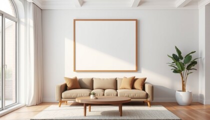 Fototapeta premium Bright modern living room with comfortable sofa empty framed artwork and large window with natural light