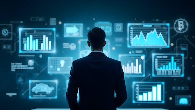 Professional executive viewing advanced holographic data interface with financial graphs, futuristic charts, and digital analytics for technology, business intelligence, and innovation.