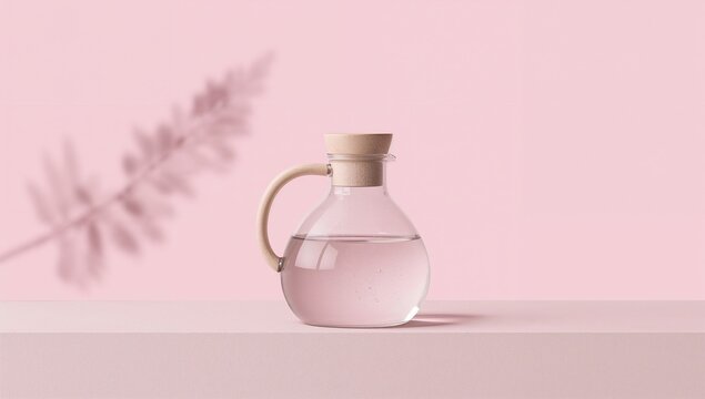 Elegant glass carafe with water on a soft pink backdrop, minimalist design.