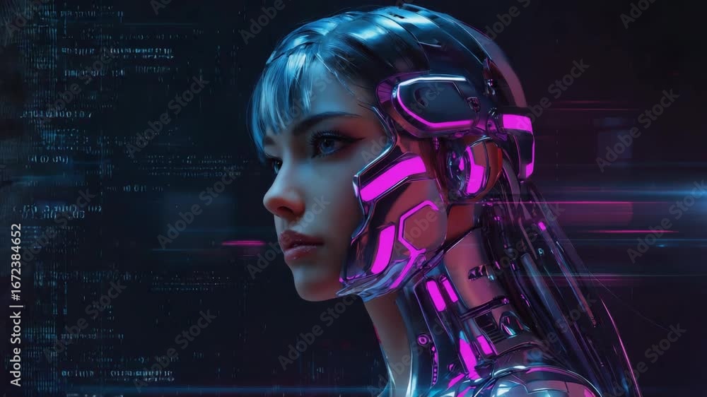 Poster futuristic woman with cybernetic enhancements merging with artificial intelligence, showcasing advan