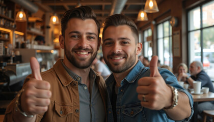 Two cheerful men smiling and giving thumbs up while seated in a cozy cafe with warm lighting.