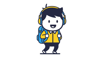 Listening Explorer: A cheerful cartoon depicts a youthful figure, earbuds on, backpack packed, setting off on an animated journey of discovery, celebrating childhood.