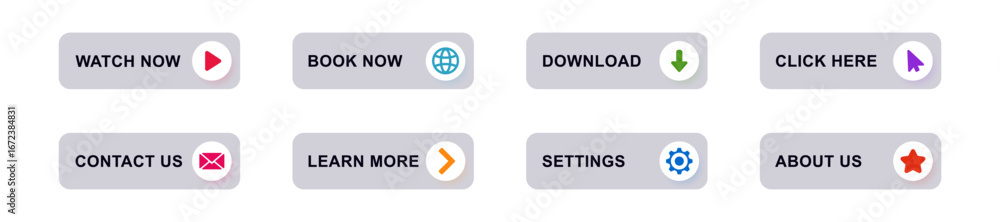 Poster a collection of interactive buttons with various icons for online use in websites and mobile apps.