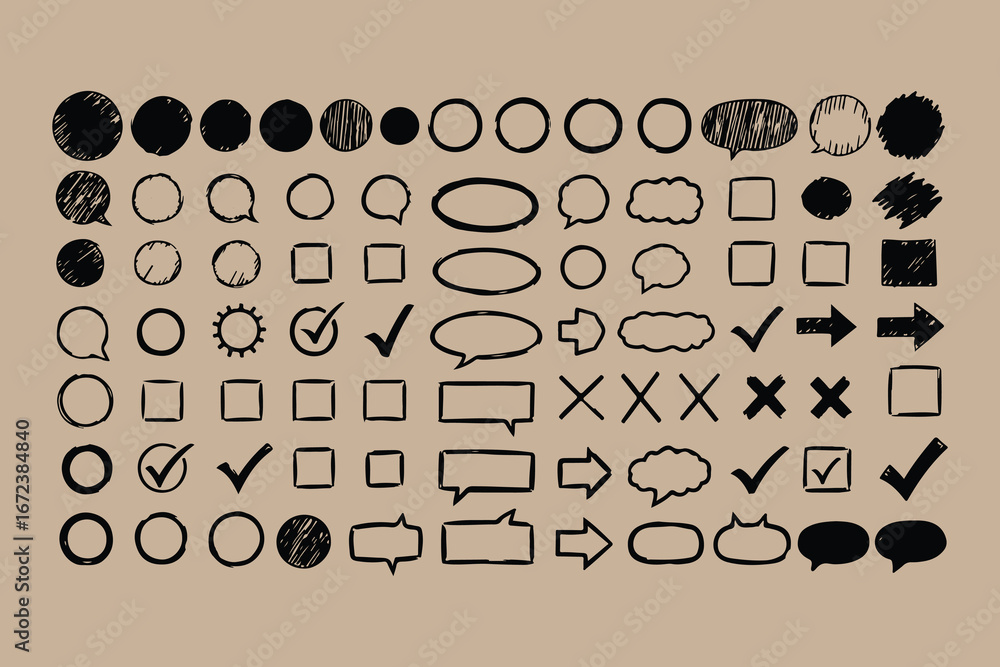 Poster collection of hand drawn doodle elements featuring circles ovals rectangles speech bubbles arrows ch