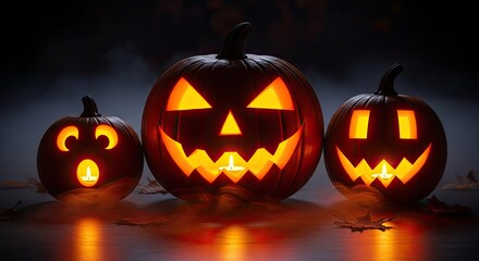 Photo of three illuminated jackolanterns with spooky faces glowing in the dark, creating an eerie halloween atmosphere with a touch of mystery