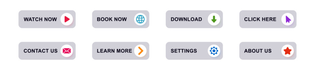 A collection of interactive buttons with various icons for online use in websites and mobile apps.