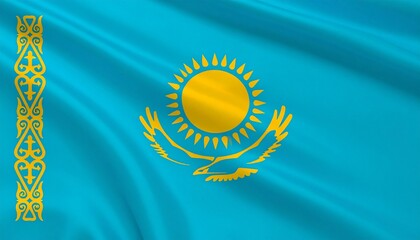 Kazakhstan flag with blue field, golden sun, eagle, and ornamental stripe.