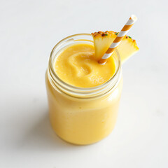 Pineapple smoothie jar with straw, tropical fruity shake, refreshing organic beverage, healthy vegan detox drink, summer fresh blend, isolated on clean white background