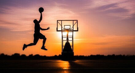 Dynamic silhouette of a basketball player soaring for a slam dunk against a vivid sunset sky