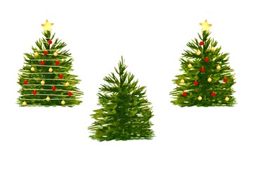 Set watercolor festive Christmas tree decorated with red yellow balls garland golden star on top hand drawn isolated on white background