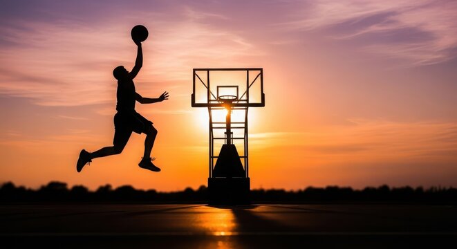 Dynamic silhouette of a basketball player soaring for a slam dunk against a vivid sunset sky