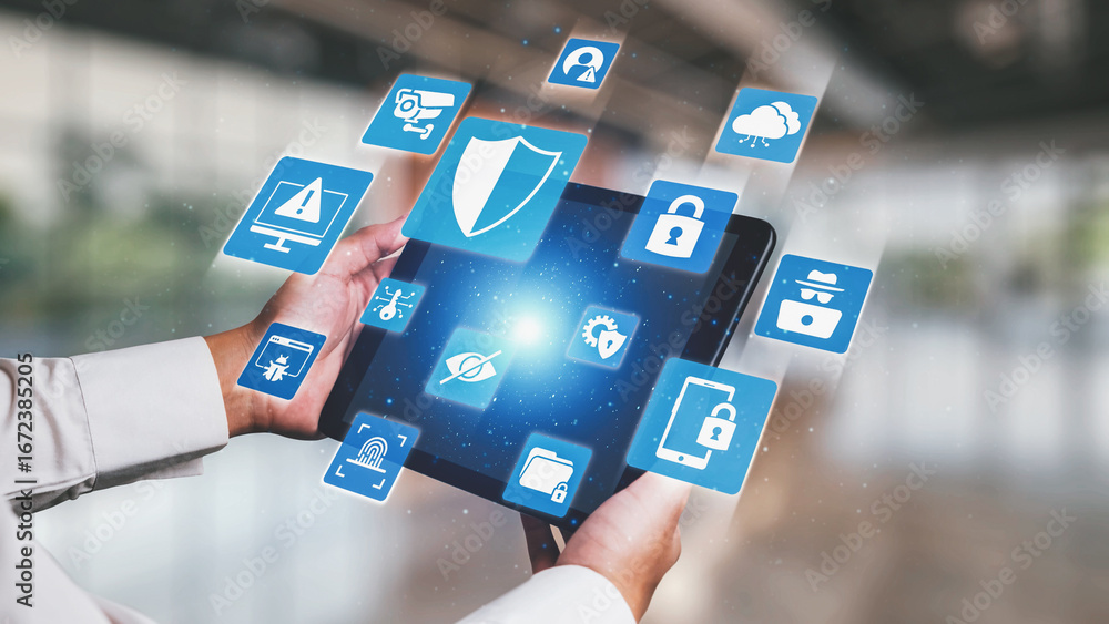 Poster cyber security protection and cyber security strategies against cyber threats, system hacks, digital