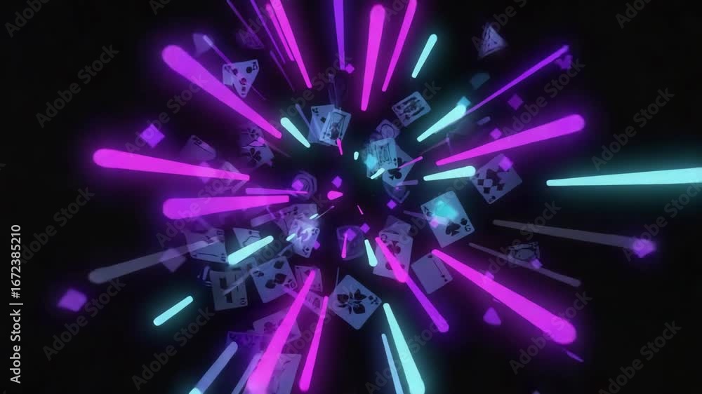 Poster playing cards are flying in a neon vortex with light trails, creating a vibrant and dynamic scene, p