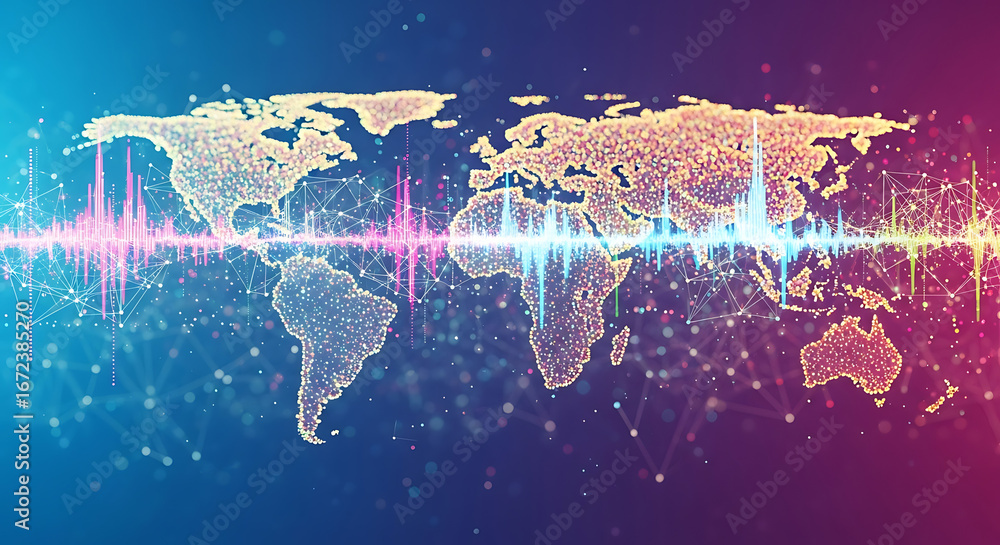 Poster world map with digital sound wave overlay and connecting lines on a gradient background design ai ge