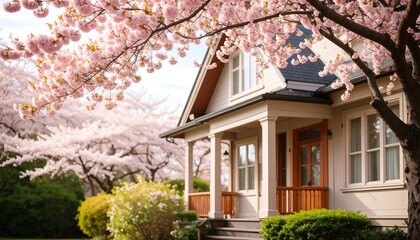 Cream house with porch, surrounded by blooming cherry trees