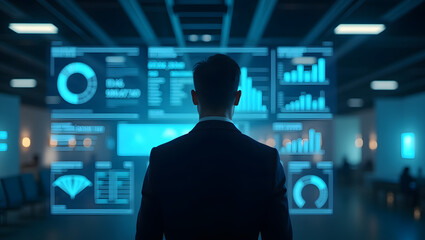Professional executive viewing advanced holographic data interface with financial graphs, futuristic charts, and digital analytics for technology, business intelligence, and innovation.
