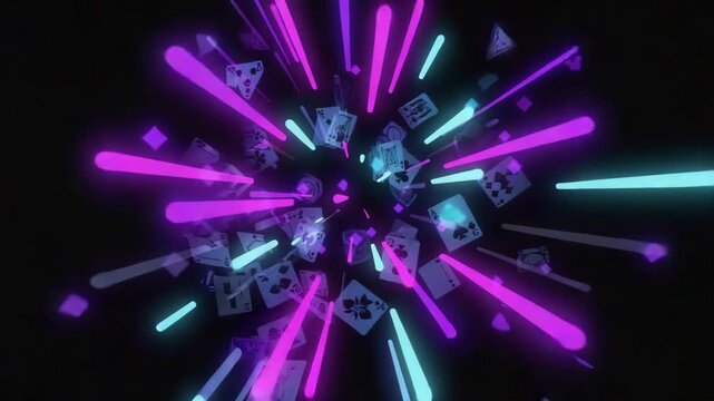 Playing cards are flying in a neon vortex with light trails, creating a vibrant and dynamic scene, perfect for gambling, casino, or game-related themes