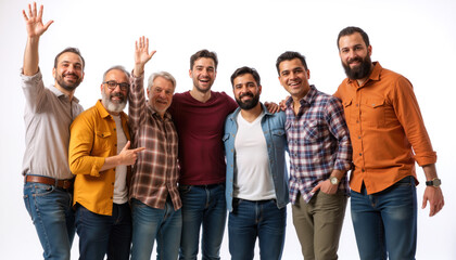 Obraz premium A diverse group of men standing together, smiling and waving, showcasing camaraderie and joy.